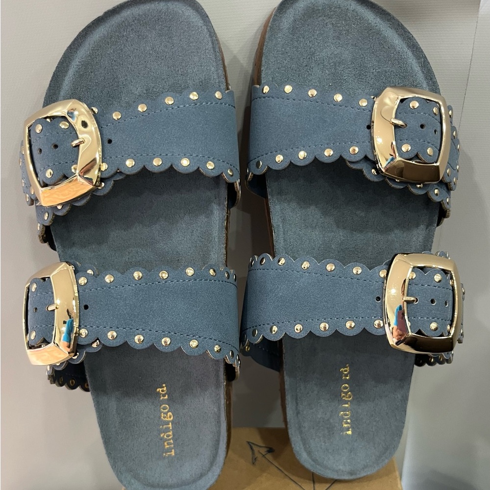Indigo‎ Blue Suede Double-Buckle Slide Sandals with Gold Hardware